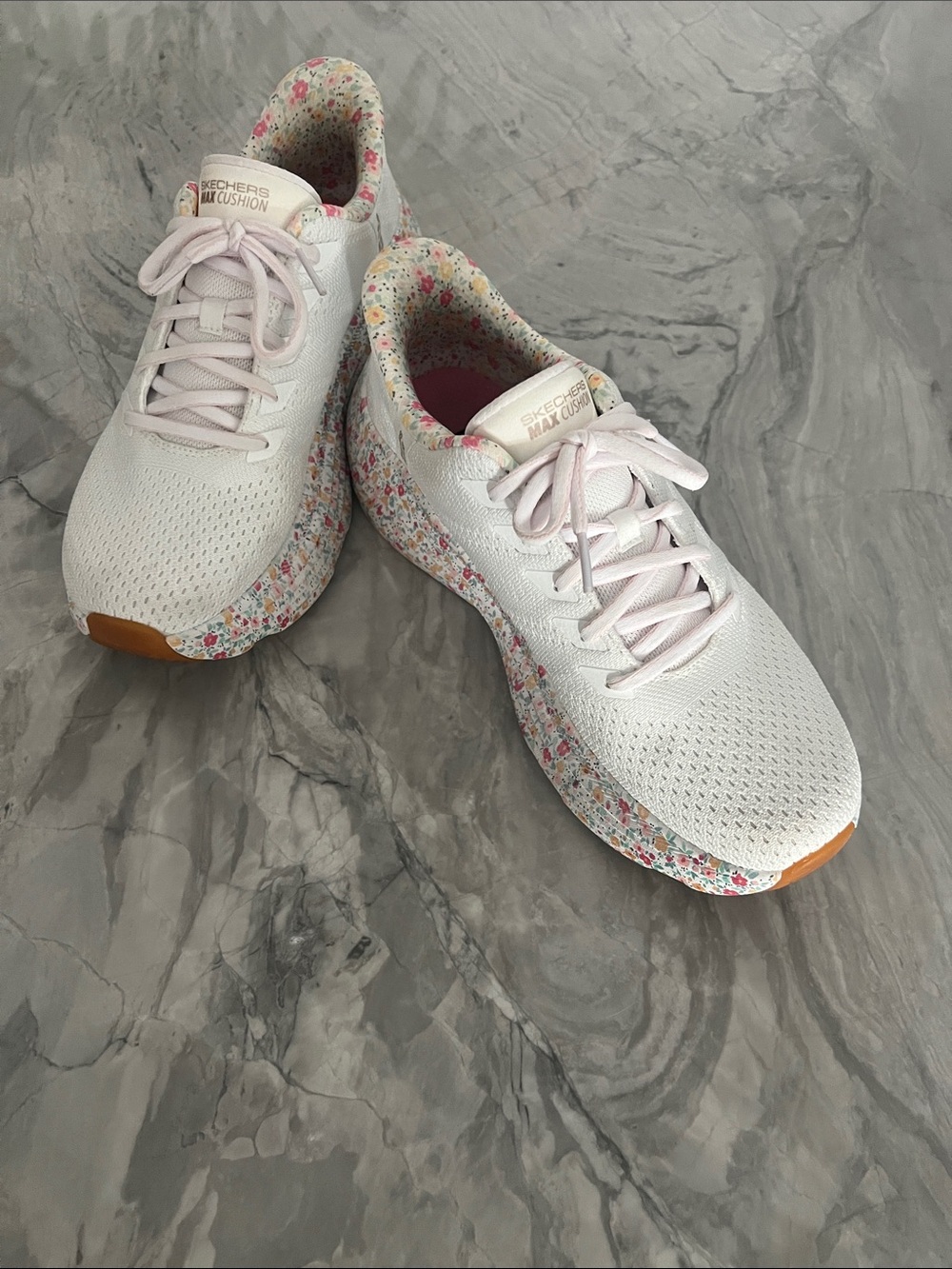 Skechers White Athletic Sneakers with Pink Floral Trim - Picture 2 of 6